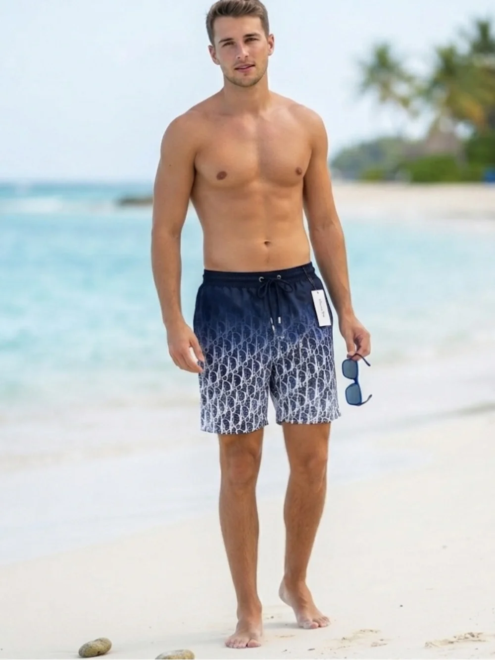 Men's Ombre Navy Print Swim Trunks with Drawstring read 👇